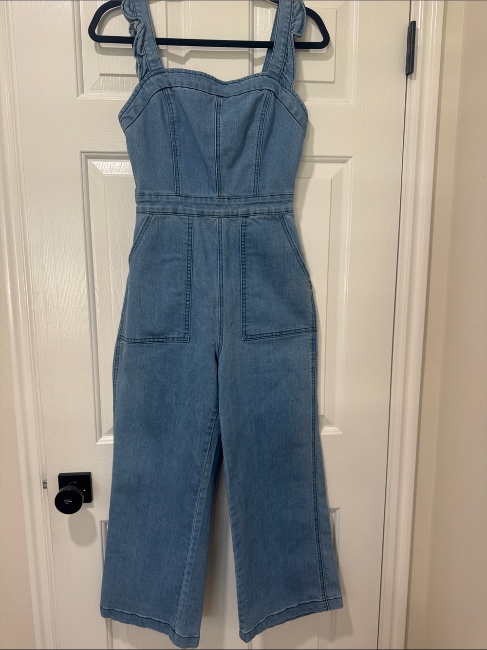 bohme Light Blue Denim Jumpsuit with Ruffle Straps